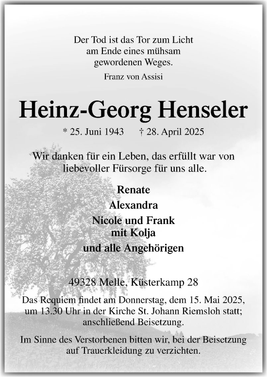 Traueranzeige von Heinz-Georg Henseler von Neue Osnabrücker Zeitung GmbH & Co. KG