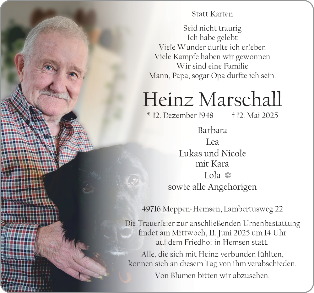  Traueranzeige für Heinz Marschall vom 17.05.2025 aus Neue Osnabrücker Zeitung GmbH & Co. KG