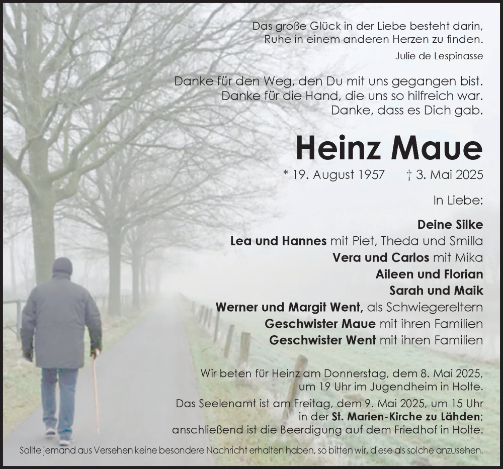  Traueranzeige für Heinz Maue vom 06.05.2025 aus Neue Osnabrücker Zeitung GmbH & Co. KG