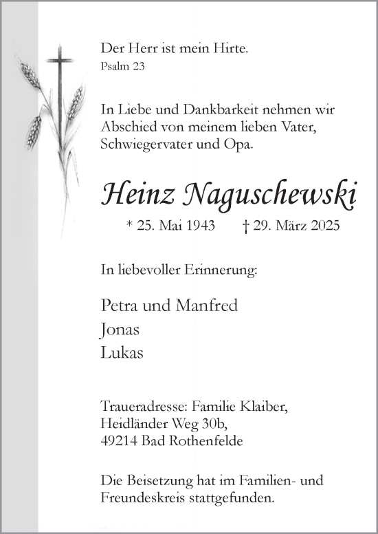 Traueranzeige von Heinz Naguschewski von Neue Osnabrücker Zeitung GmbH & Co. KG