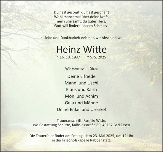 Traueranzeige von Heinz Witte von Neue Osnabrücker Zeitung GmbH & Co. KG