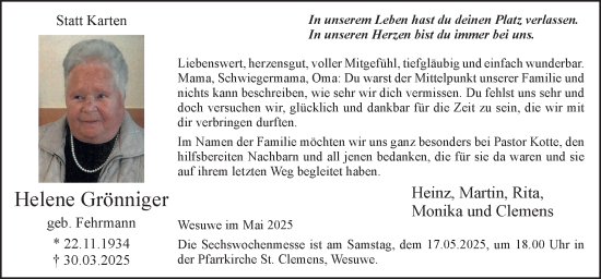 Traueranzeige von Helene Grönniger von Neue Osnabrücker Zeitung GmbH & Co. KG