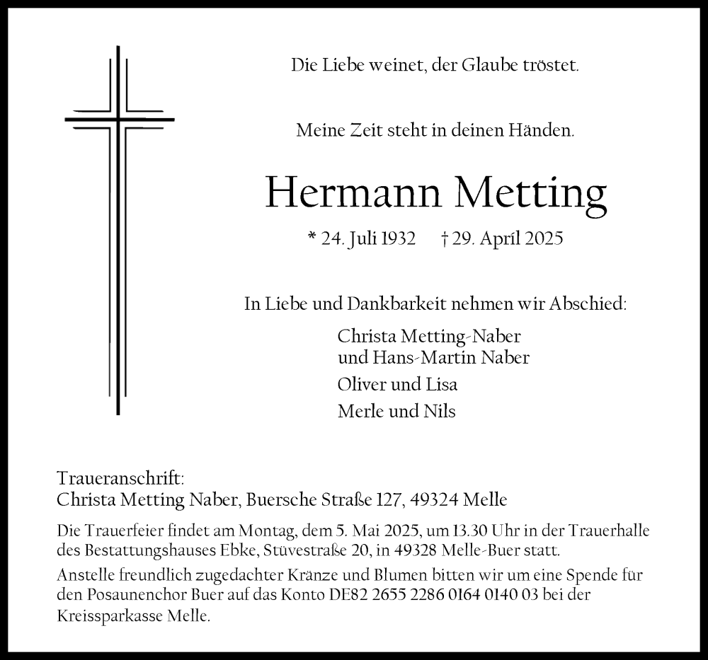  Traueranzeige für Hermann Metting vom 02.05.2025 aus Neue Osnabrücker Zeitung GmbH & Co. KG