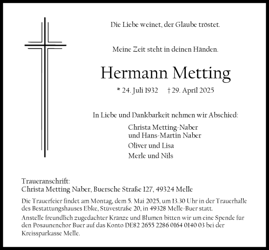 Traueranzeige von Hermann Metting von Neue Osnabrücker Zeitung GmbH & Co. KG