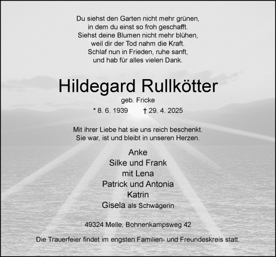 Traueranzeige von Hildegard Rullkötter von Neue Osnabrücker Zeitung GmbH & Co. KG