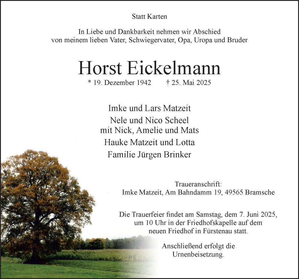  Traueranzeige für Horst Eickelmann vom 31.05.2025 aus Neue Osnabrücker Zeitung GmbH & Co. KG