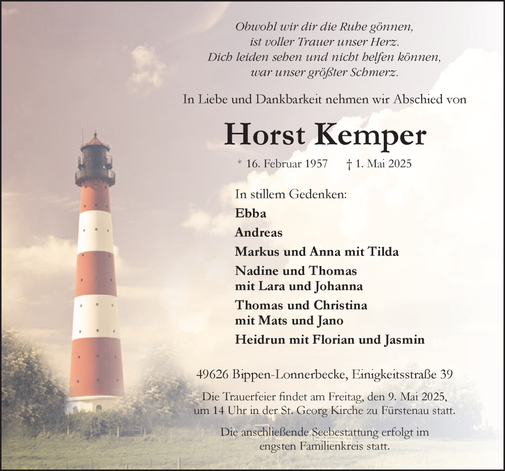  Traueranzeige für Horst Kemper vom 05.05.2025 aus Neue Osnabrücker Zeitung GmbH & Co. KG