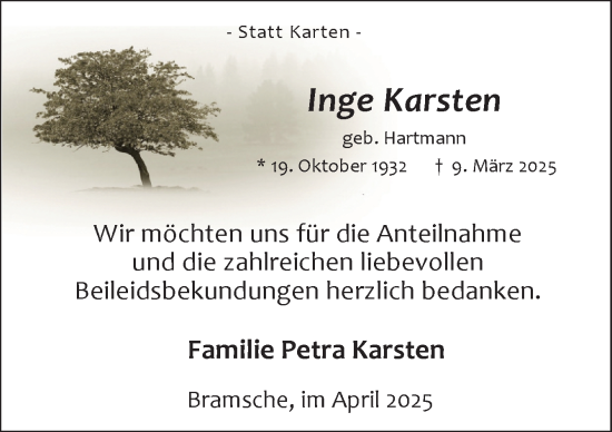 Traueranzeige von Inge Karsten von Neue Osnabrücker Zeitung GmbH & Co. KG