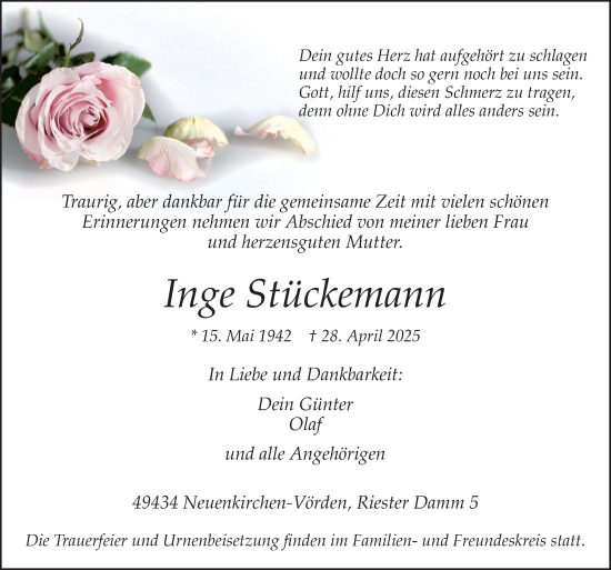 Traueranzeige von Inge Stückemann von Neue Osnabrücker Zeitung GmbH & Co. KG