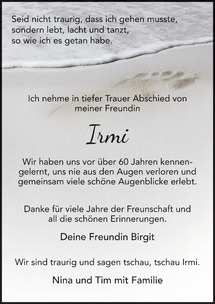  Traueranzeige für Irmi  vom 12.04.2025 aus DK Medien GmbH & Co. KG