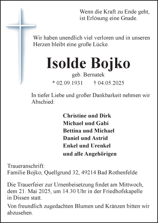 Traueranzeige von Isolde Bojko von Neue Osnabrücker Zeitung GmbH & Co. KG