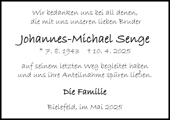 Traueranzeige von Johannes Michael Senge von Neue Osnabrücker Zeitung GmbH & Co. KG