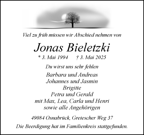 Traueranzeige von Jonas Bieletzki von Neue Osnabrücker Zeitung GmbH & Co. KG