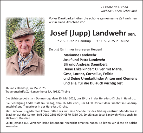 Traueranzeige von Josef Landwehr von Neue Osnabrücker Zeitung GmbH & Co. KG