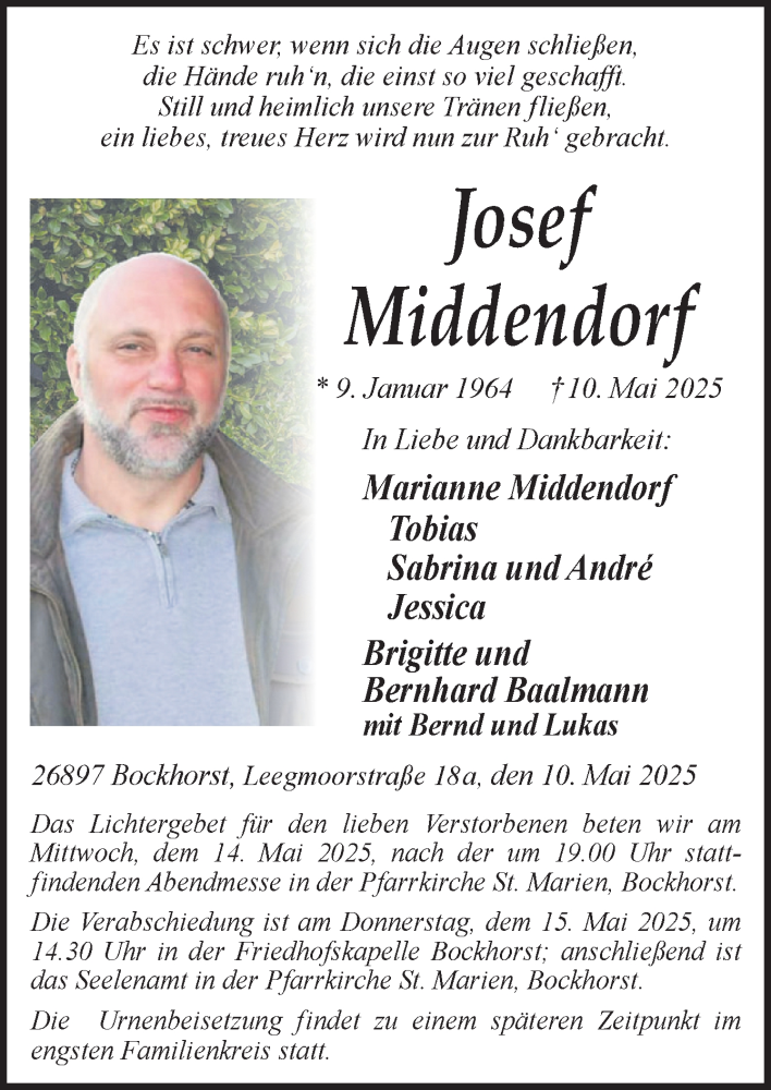  Traueranzeige für Josef Middendorf vom 13.05.2025 aus Neue Osnabrücker Zeitung GmbH & Co. KG