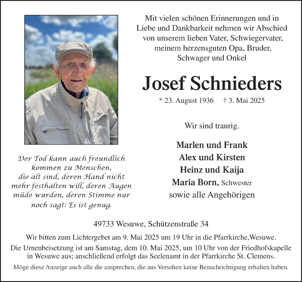  Traueranzeige für Josef Schnieders vom 06.05.2025 aus Neue Osnabrücker Zeitung GmbH & Co. KG
