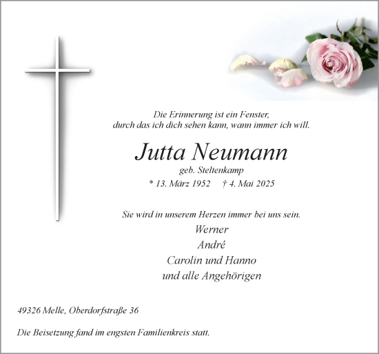 Traueranzeige von Jutta Neumann von Neue Osnabrücker Zeitung GmbH & Co. KG