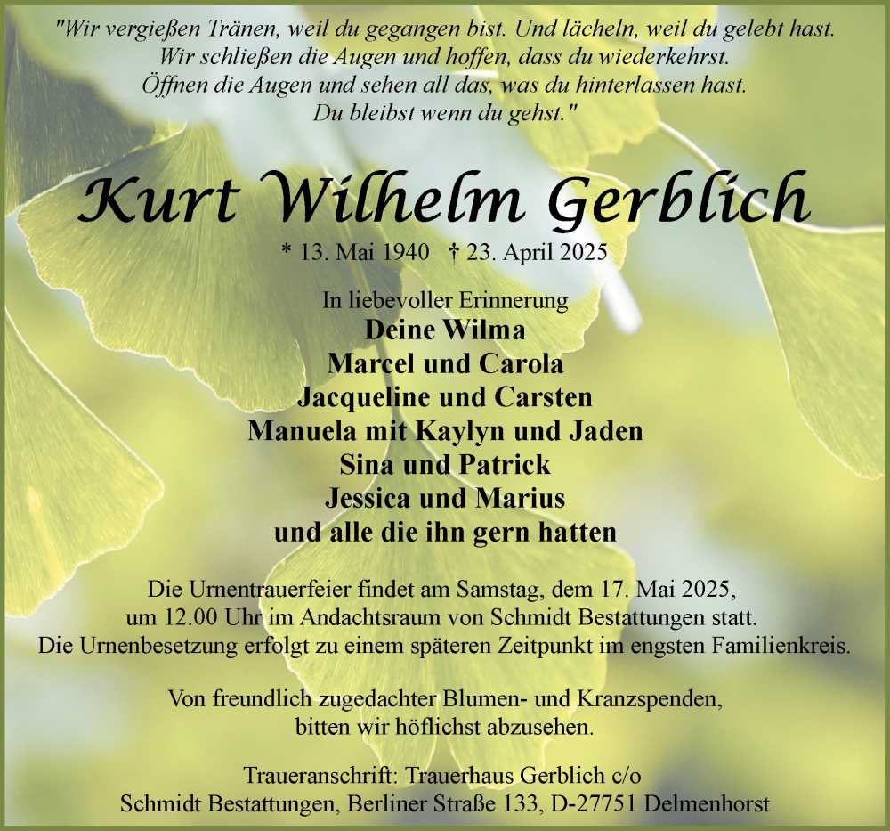  Traueranzeige für Kurt Wilhelm Gerblich vom 03.05.2025 aus DK Medien GmbH & Co. KG