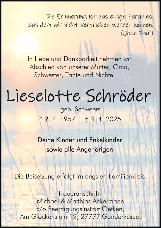 Traueranzeige von Lieselotte Schröder von DK Medien GmbH & Co. KG