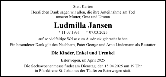 Traueranzeige von Ludmilla Jansen von Neue Osnabrücker Zeitung GmbH & Co. KG