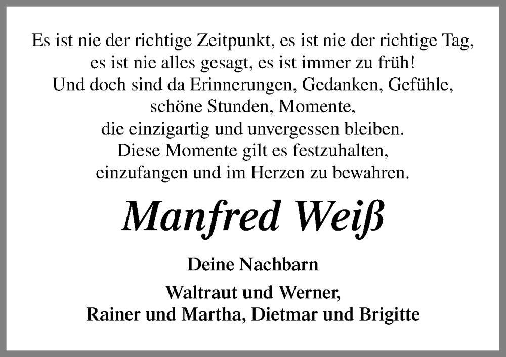  Traueranzeige für Manfred Weiß vom 24.05.2025 aus Neue Osnabrücker Zeitung GmbH & Co. KG