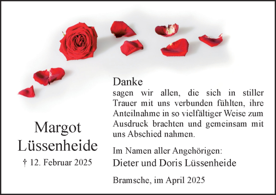 Traueranzeige von Margot Lüssenheide von Neue Osnabrücker Zeitung GmbH & Co. KG