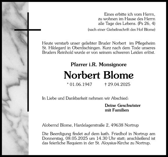 Traueranzeige von Norbert Blome von Neue Osnabrücker Zeitung GmbH & Co. KG