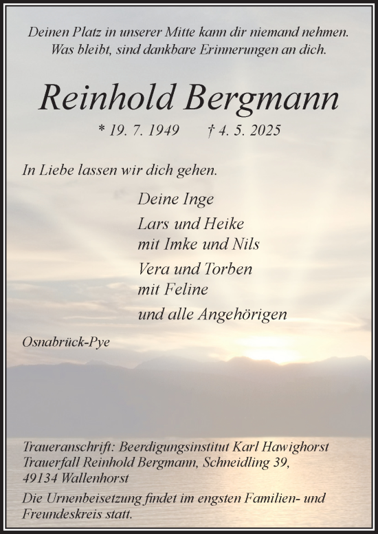 Traueranzeige von Reinhold Bergmann von Neue Osnabrücker Zeitung GmbH & Co. KG