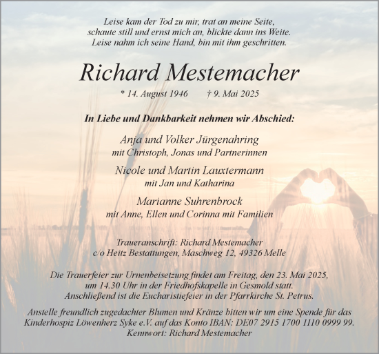 Traueranzeige von Richard Mestemacher von Neue Osnabrücker Zeitung GmbH & Co. KG