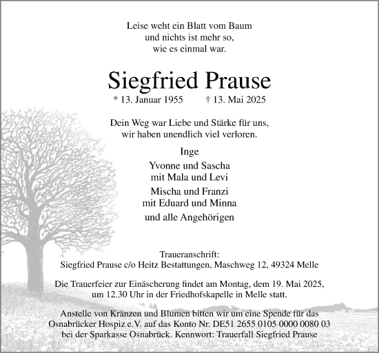 Traueranzeige von Siegfried Prause von Neue Osnabrücker Zeitung GmbH & Co. KG