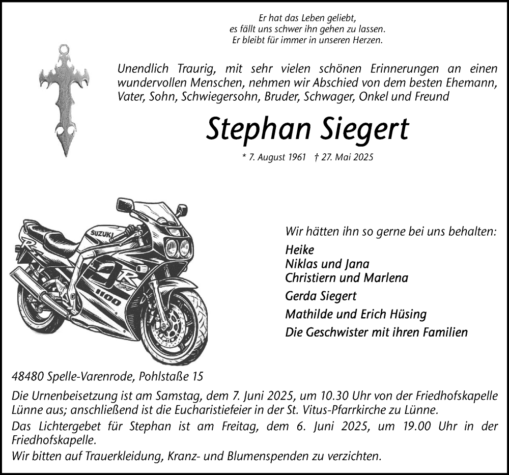  Traueranzeige für Stephan Siegert vom 31.05.2025 aus Neue Osnabrücker Zeitung GmbH & Co. KG