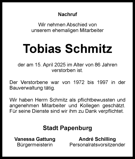 Traueranzeige von Tobias Schmitz von Neue Osnabrücker Zeitung GmbH & Co. KG