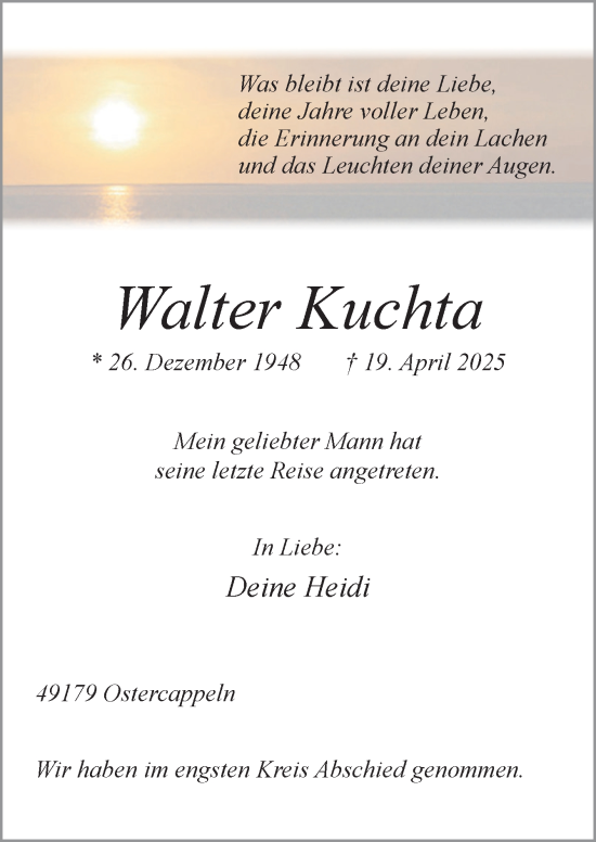 Traueranzeige von Walter Kuchta von Neue Osnabrücker Zeitung GmbH & Co. KG