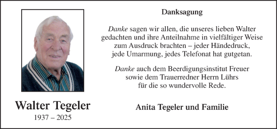 Traueranzeige von Walter Tegeler von DK Medien GmbH & Co. KG
