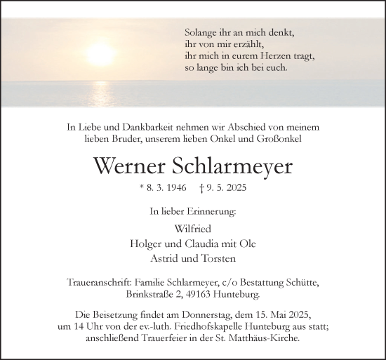 Traueranzeige von Werner Schlarmeyer von Neue Osnabrücker Zeitung GmbH & Co. KG
