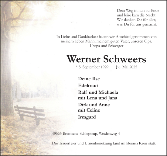 Traueranzeige von Werner Schweers von Neue Osnabrücker Zeitung GmbH & Co. KG