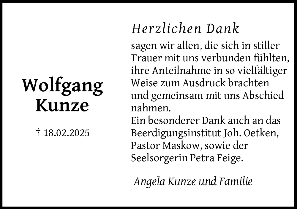  Traueranzeige für Wolfgang Kunze vom 12.04.2025 aus DK Medien GmbH & Co. KG