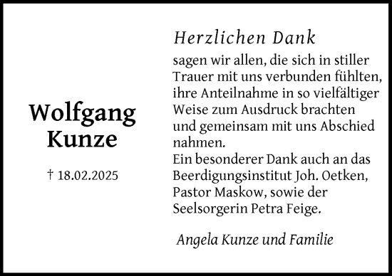 Traueranzeige von Wolfgang Kunze von DK Medien GmbH & Co. KG