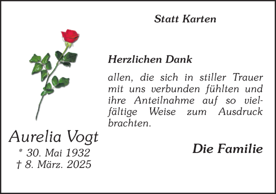 Traueranzeige von Aurelia Vogt von Neue Osnabrücker Zeitung GmbH & Co. KG
