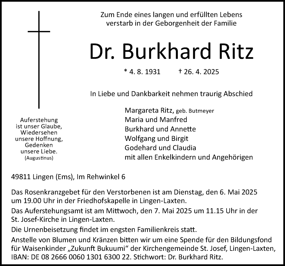  Traueranzeige für Burkhard Ritz vom 03.05.2025 aus Neue Osnabrücker Zeitung GmbH & Co. KG