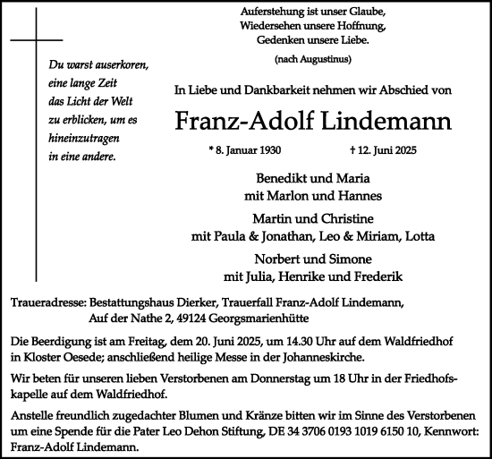 Traueranzeige von Franz-Adolf Lindemann von Neue Osnabrücker Zeitung GmbH &amp; Co. KG