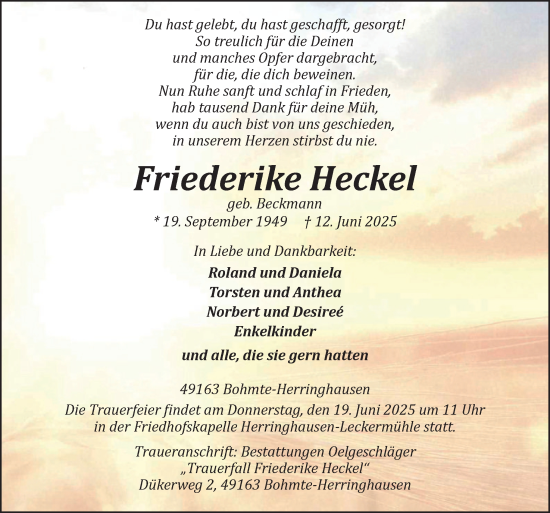 Traueranzeige von Friederike Heckel von Neue Osnabrücker Zeitung GmbH &amp; Co. KG