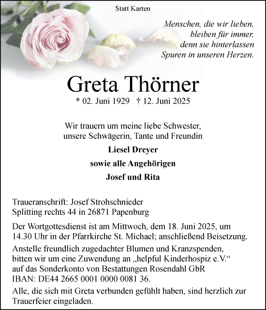 Traueranzeige von Greta Thörner von Neue Osnabrücker Zeitung GmbH &amp; Co. KG