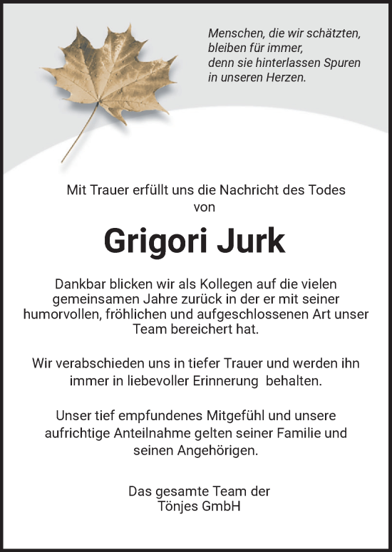 Traueranzeige von Grigori Jurk von DK Medien GmbH & Co. KG