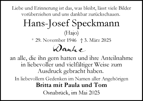 Traueranzeige von Hans-Josef Speckmann von Neue Osnabrücker Zeitung GmbH & Co. KG