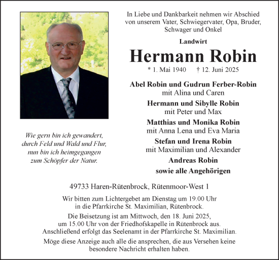 Traueranzeige von Hermann Robin von Neue Osnabrücker Zeitung GmbH &amp; Co. KG