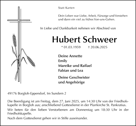 Traueranzeige von Hubert Schweer von Neue Osnabrücker Zeitung GmbH & Co. KG
