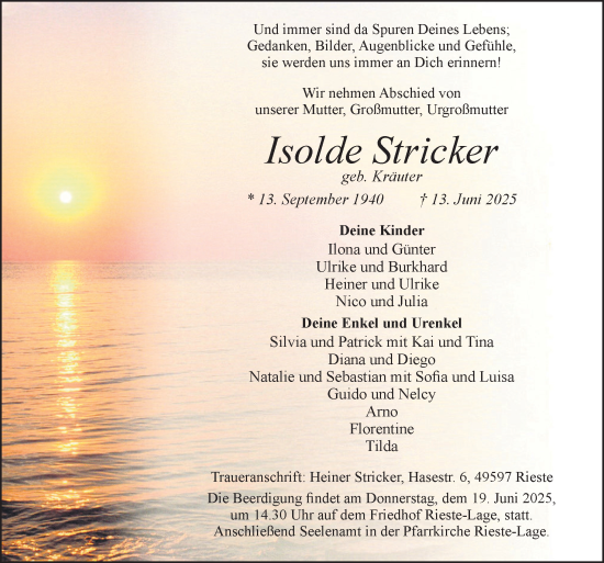 Traueranzeige von Isolde Stricker von Neue Osnabrücker Zeitung GmbH &amp; Co. KG