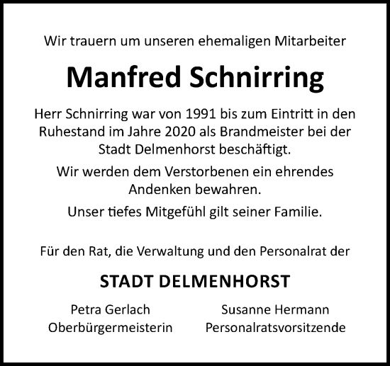 Traueranzeige von Manfred Schnirring von DK Medien GmbH & Co. KG