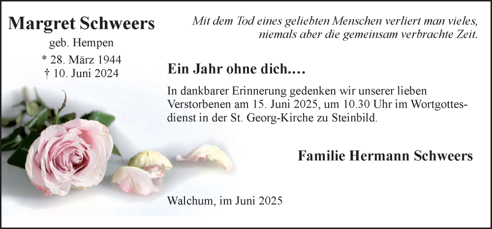  Traueranzeige für Margret Schweers vom 11.06.2025 aus Neue Osnabrücker Zeitung GmbH & Co. KG